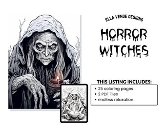 25 Ultra-Realistic & Spine-Chilling Witch Coloring Pages | 8.5"x11" PDF | Hyper-Detailed Grayscale Art | Adult Horror Coloring Book | Spooky