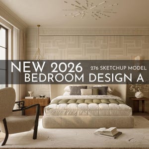 Könnte beinhalten: Schlafzimmerdesign mit einem Bett mit cremefarbenem, gepolstertem Kopfteil und strukturierter Basis. Das Bett ist mit Kissen und einem gesteppten Steppbett geschmückt. Der Raum umfasst eine gemusterte Tapete, einen Stuhl und einen Beistelltisch. Text auf dem Bild: NEW 2026 BEDROOM DESIGN A.