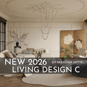 Könnte beinhalten: Ein modernes Wohnzimmerdesign mit einem weißen Ecksofa, einem dekorativen Paravent mit Blumenkunst und einem einzigartigen Kronleuchter. Der Raum hat eine neutrale Farbpalette mit einem Teppich und einem Couchtisch. Der Text "NEW 2026 LIVING DESIGN C" wird angezeigt.