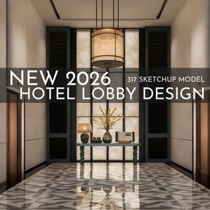 以下が含まれることがあります： 「NEW 2026 HOTEL LOBBY DESIGN」のテキストが入ったモダンなホテルのロビーデザイン。ロビーには、模様入りの大理石の床、ランプ付きの装飾テーブル、大きなペンダントライトがあります。