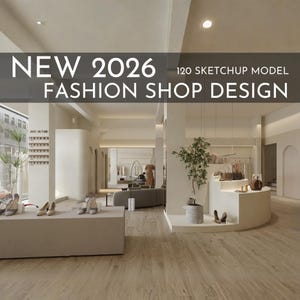 Peut inclure: Intérieur d'une boutique de mode moderne avec des tons neutres et un sol en bois clair. L'image présente des présentoirs de chaussures, des portants à vêtements et un coin salon. Le texte en haut indique "NEW 2026 FASHION SHOP DESIGN".