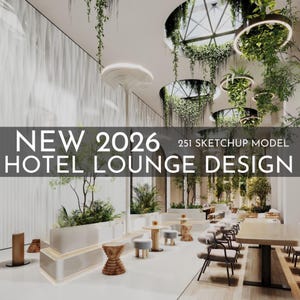 Może przedstawiać: Nowoczesny projekt salonu hotelowego z tekstem "NEW 2026 HOTEL LOUNGE DESIGN". Wnętrze prezentuje wiszące rośliny, okrągłe oprawy oświetleniowe i różne układy siedzeń. Projekt łączy elementy naturalne i minimalistyczną estetykę.