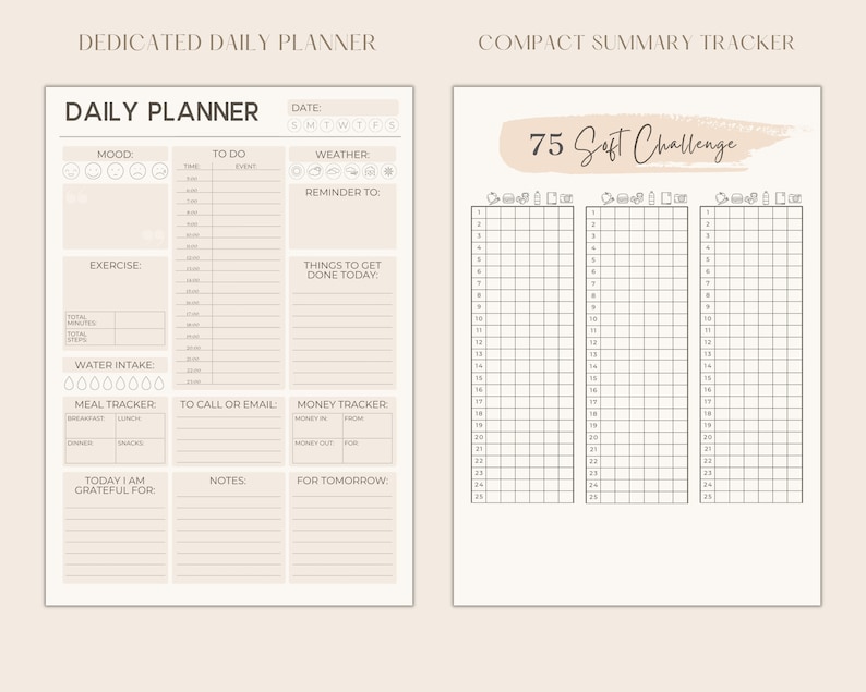 May include: A printable daily planner and a 75 Soft Challenge tracker. The daily planner includes sections for mood, to do, weather, reminder, exercise, water intake, meal tracker, to call or email, money tracker, notes, and today I am grateful for. The 75 Soft Challenge tracker has three columns with numbers 1 to 25.