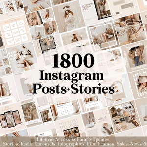 1800 Plantillas neutrales de publicaciones de Instagram - Compromiso - Plantillas de historias - Plantilla Canva Blogger - Negocios - Entrenador - Carretes - Feed beige - Boho