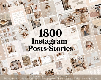 1800 Plantillas neutrales de publicaciones de Instagram - Compromiso - Plantillas de historias - Plantilla Canva Blogger - Negocios - Entrenador - Carretes - Feed beige - Boho