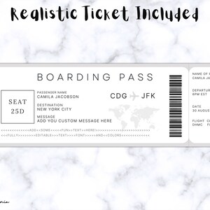 May include: A gray and white printable boarding pass template with the text "BOARDING PASS" and "CDG JFK". The template includes fields for passenger name, destination, seat number, departure time, date, and flight class.