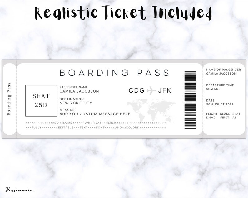 May include: A gray and white printable boarding pass template with the text "BOARDING PASS" and "CDG JFK". The template includes fields for passenger name, destination, seat number, departure time, date, and flight class.