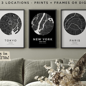 Impressão de mapa personalizado impresso e emoldurado, conjunto de três, impressões de mapas, locais personalizados, presente de aniversário, mapa personalizado, mapa da cidade natal, mapa da cidade