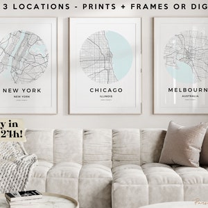 Impressão de mapa personalizado impresso e emoldurado, conjunto de três, impressões de mapas, locais personalizados, presente de aniversário, mapa personalizado, mapa da cidade natal, mapa da cidade