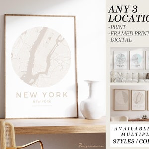 Impressão de mapa personalizado impresso e emoldurado, conjunto de três, impressões de mapas, locais personalizados, presente de aniversário, mapa personalizado, mapa da cidade natal, mapa da cidade