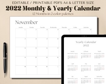 2022 Editable Monthly Planner Calendar Set | A4/Letter | Planner Insert | Sunday Start | Printable Calendar Template | Year Calendar Minimal