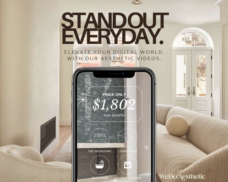 May include: A smartphone screen displaying a digital marketing service for aesthetic videos. The screen shows a price of $1,802 per month for a package that includes two bedrooms, a living room, a bathroom, and a gourmet kitchen. The phone is in front of a white couch and a fireplace.