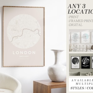 Personalized Printed & Framed Map Print, Set of Three, Map Prints, Custom Locations, Anniversary Gift, Custom Map, Home Town Map, City Map