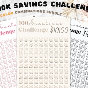 May include: A set of 100 envelopes with different dollar amounts printed on them. The envelopes are in a variety of colors, including pink, beige, and black. The text "100 Envelopes Challenge $10100" is printed at the top of the image.