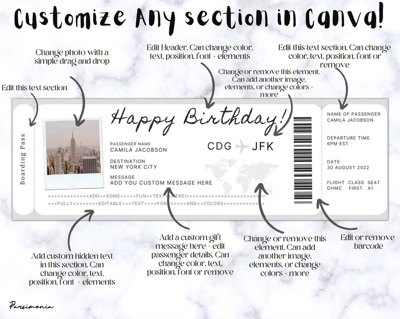 May include: A customizable printable boarding pass template with a photo of the New York City skyline. The template includes editable text fields for passenger name, destination, message, departure time, date, and flight class. The text "Happy Birthday!" is written in a handwritten style.