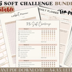 EDITABLE 75 Soft Challenge Tracker Bundle | Printable | Daily 75 Soft Challenge journal | Fitness & Health Planner | Habit Tracker | Digital