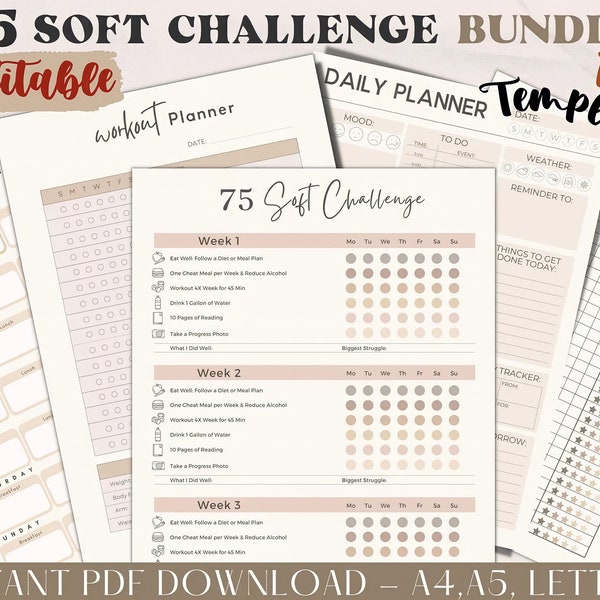 Pacchetto EDITABLE 75 Soft Challenge Tracker / Stampabile / Diario giornaliero 75 Soft Challenge / Pianificatore di fitness e salute / Tracker delle abitudini / Digitale