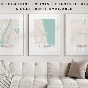 Impressão de mapa personalizado impresso e emoldurado, conjunto de três, impressões de mapas, locais personalizados, presente de aniversário, mapa personalizado, mapa da cidade natal, mapa da cidade