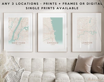 Personalized Printed & Framed Map Print, Set of Three, Map Prints, Custom Locations, Anniversary Gift, Custom Map, Home Town Map, City Map