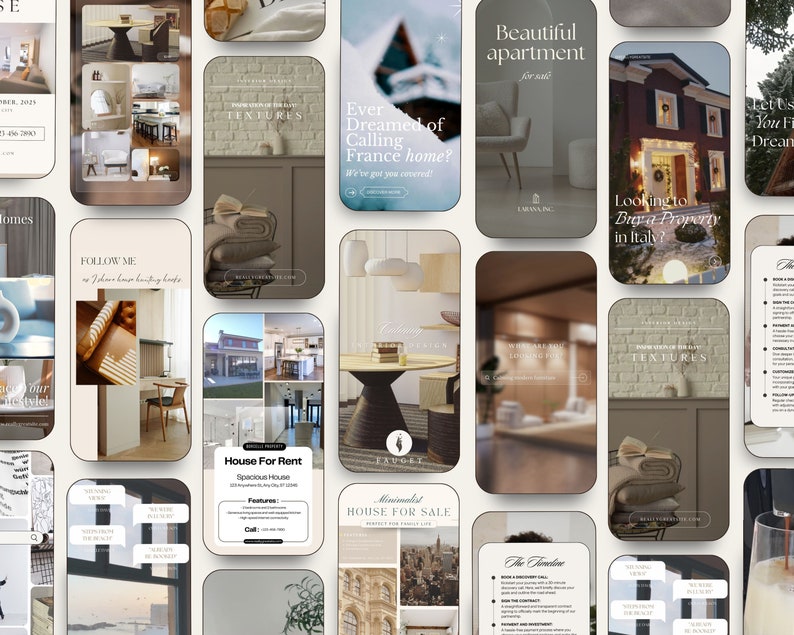 May include: A collage of images showcasing various real estate properties, including apartments, houses, and a property in Italy. The images feature interior and exterior shots, with some including text about the properties.