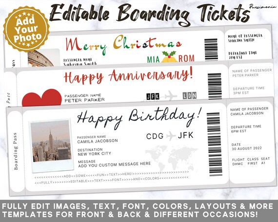 Editable & Printable Airline Ticket |Ticket Boarding Pass Template, Vacation Ticket, Trip, Surprise, Plane Ticket, Fake, Holiday Destination