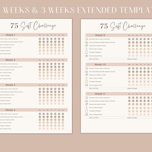 May include: A printable 75 Soft Challenge tracker with a beige background. The tracker is divided into two columns, each with seven weeks of daily checkboxes. The left column is labeled "Week 1" through "Week 4" and the right column is labeled "Week 9" through "Week 11". Each week includes a list of daily tasks to complete, such as "Eat Well", "Follow a Diet or Meal Plan", "One Cheat Meal per Week", "Workout for 45 min", "Drink 1 Gallon of Water", "10 Pages of Reading", and "Take a Progress Photo".