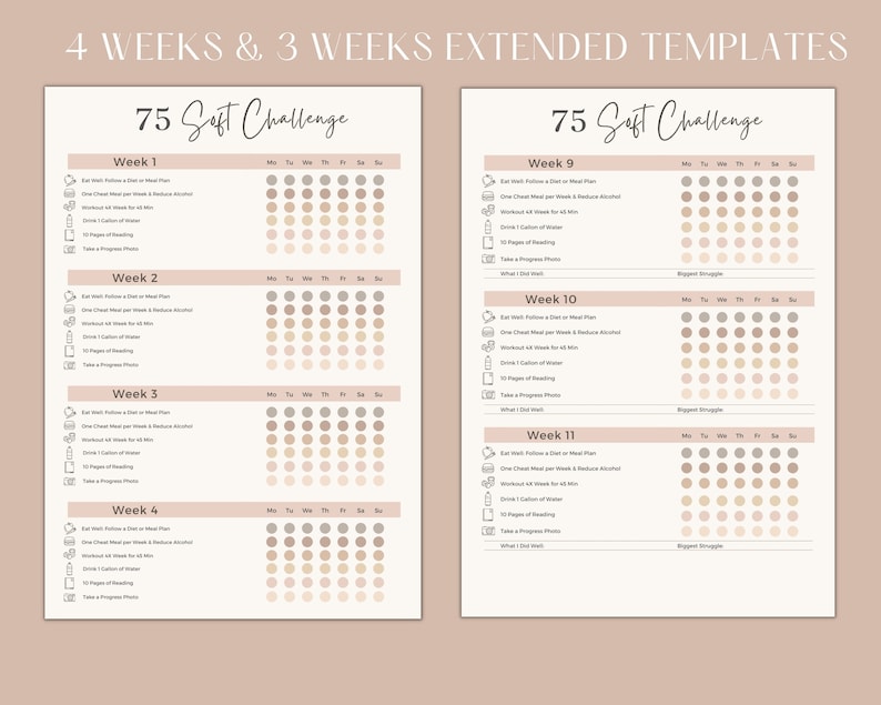 May include: A printable 75 Soft Challenge tracker with a beige background. The tracker is divided into two columns, each with seven weeks of daily checkboxes. The left column is labeled "Week 1" through "Week 4" and the right column is labeled "Week 9" through "Week 11". Each week includes a list of daily tasks to complete, such as "Eat Well", "Follow a Diet or Meal Plan", "One Cheat Meal per Week", "Workout for 45 min", "Drink 1 Gallon of Water", "10 Pages of Reading", and "Take a Progress Photo".