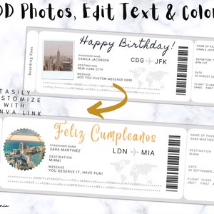 May include: A printable birthday card design featuring a boarding pass with a photo of a city skyline and the text "Happy Birthday!" and "Feliz Cumplea&ntilde;os!" with the text "CDG+JFK" and "LDN+MIA" on the tickets.
