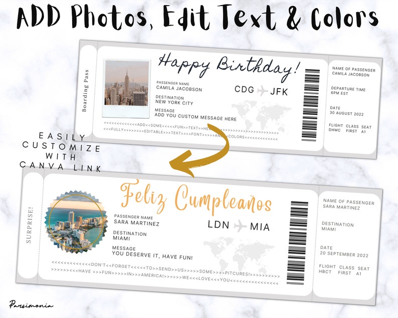 May include: A printable birthday card design featuring a boarding pass with a photo of a city skyline and the text "Happy Birthday!" and "Feliz Cumplea&ntilde;os!" with the text "CDG+JFK" and "LDN+MIA" on the tickets.