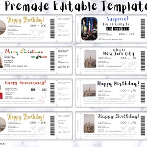 May include: A set of 10 printable boarding pass templates for various occasions, including birthdays, anniversaries, and holidays. Each template features a different destination and a customizable message.