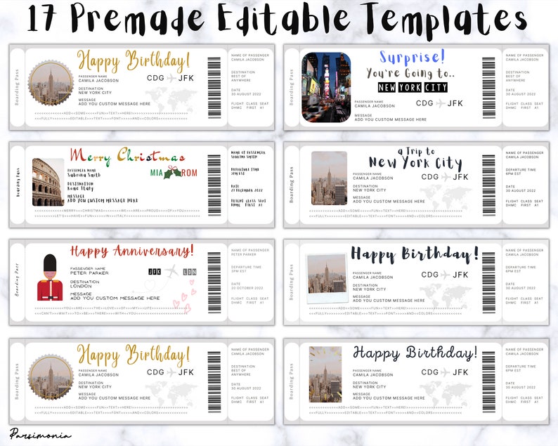 May include: A set of 10 printable boarding pass templates for various occasions, including birthdays, anniversaries, and holidays. Each template features a different destination and a customizable message.