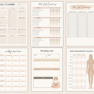 May include: A printable planner with sections for daily planning, meal planning, reading notes, and body measurement tracking. The planner features a minimalist design with a beige background and black text.