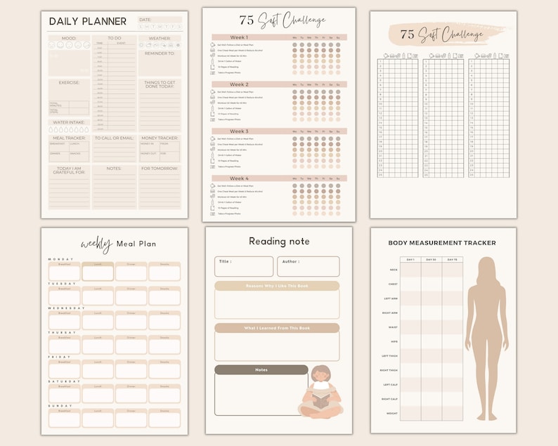 May include: A printable planner with sections for daily planning, meal planning, reading notes, and body measurement tracking. The planner features a minimalist design with a beige background and black text.