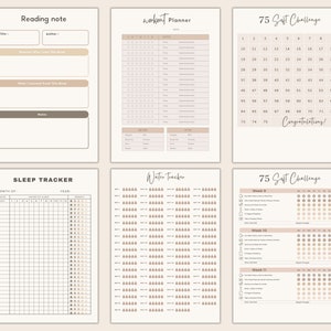 May include: Printable planner pages with a minimalist design in beige and brown. The pages include a reading note tracker, workout planner, sleep tracker, water tracker, and a 75-day sit challenge.