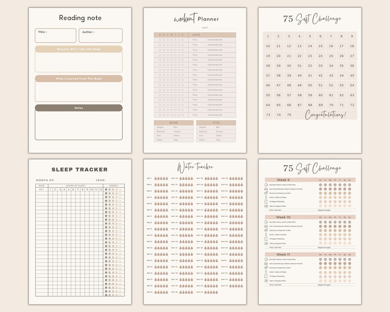 May include: Printable planner pages with a minimalist design in beige and brown. The pages include a reading note tracker, workout planner, sleep tracker, water tracker, and a 75-day sit challenge.