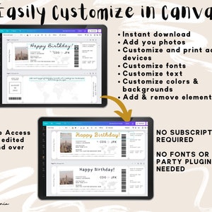 May include: A digital mockup of a Canva design template for a birthday boarding pass. The template features a photo of a city skyline and the text "Happy Birthday!" with the airport codes "CDG - JFK". The text "Lifetime Access Can be edited over and over" is displayed below the mockup. The text "No Subscription Required" and "No Fonts or Third Party Plugins Needed" is displayed on the right side of the image.