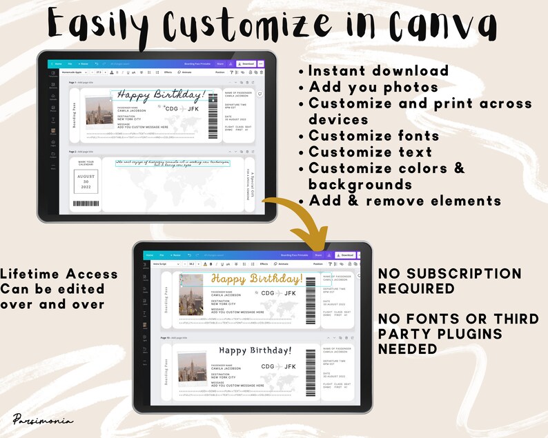 May include: A digital mockup of a Canva design template for a birthday boarding pass. The template features a photo of a city skyline and the text "Happy Birthday!" with the airport codes "CDG - JFK". The text "Lifetime Access Can be edited over and over" is displayed below the mockup. The text "No Subscription Required" and "No Fonts or Third Party Plugins Needed" is displayed on the right side of the image.