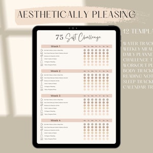 May include: A digital planner with 12 templates for tracking water intake, meals, daily activities, challenges, workouts, body measurements, reading, sleep, and a calendar. The planner has a beige background with brown text and icons. The title is "75 Soft Challenge".