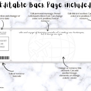 May include: Editable printable boarding pass template with a gray background and a globe graphic. The text "The real voyage of discovery consists not in seeking new landscapes, but in having new eyes" is printed on the boarding pass. The text "A Special Gift for a Special Someone" is printed on the right side of the boarding pass.