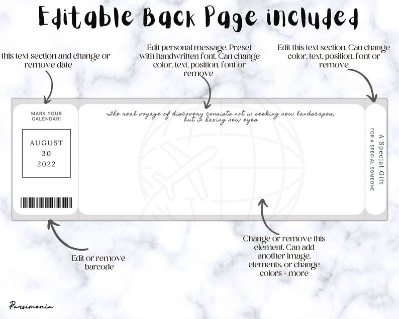 May include: Editable printable boarding pass template with a gray background and a globe graphic. The text "The real voyage of discovery consists not in seeking new landscapes, but in having new eyes" is printed on the boarding pass. The text "A Special Gift for a Special Someone" is printed on the right side of the boarding pass.