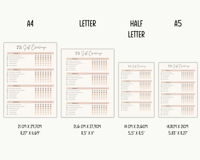 May include: Printable 75 Soft Challenge tracker in four different sizes: A4, Letter, Half Letter, and A5. The tracker is designed to help you complete a 75 soft challenge, which is a challenge to complete 75 small tasks over a period of time. The tracker includes a list of tasks and a grid to track your progress.