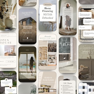 May include: A collage of images promoting real estate services. The images feature various styles of homes, including modern, minimalist, and traditional. The text includes phrases like "Open House", "Home Financing Myths Debunked", and "Looking to Invest in Real Estate?"
