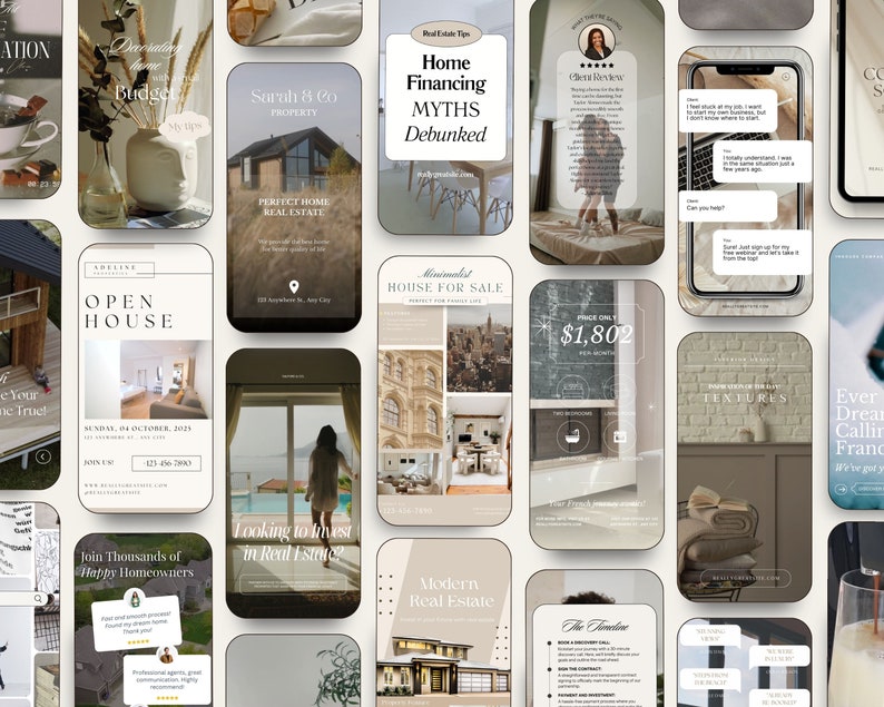 May include: A collage of images promoting real estate services. The images feature various styles of homes, including modern, minimalist, and traditional. The text includes phrases like "Open House", "Home Financing Myths Debunked", and "Looking to Invest in Real Estate?"