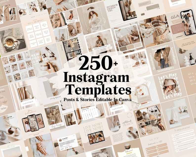 250 Neutral Instagram Post Templates - Engagement - Story Templates - Canva Blogger Template - Business - Coach - Quotes - Beige Feed - Boho 