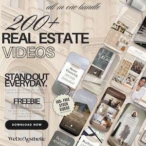 Puede incluir: Un collage de imágenes que promocionan un paquete de más de 200 videos inmobiliarios. El texto "Standout Everyday" aparece en una fuente grande. El texto "200+ Real Estate Videos" aparece en una fuente grande. El texto "Freebie Included" aparece en una fuente grande. El texto "100-Free Stock Videos Included" aparece en una fuente grande. El texto "WeDoAesthetic" aparece en una fuente grande.