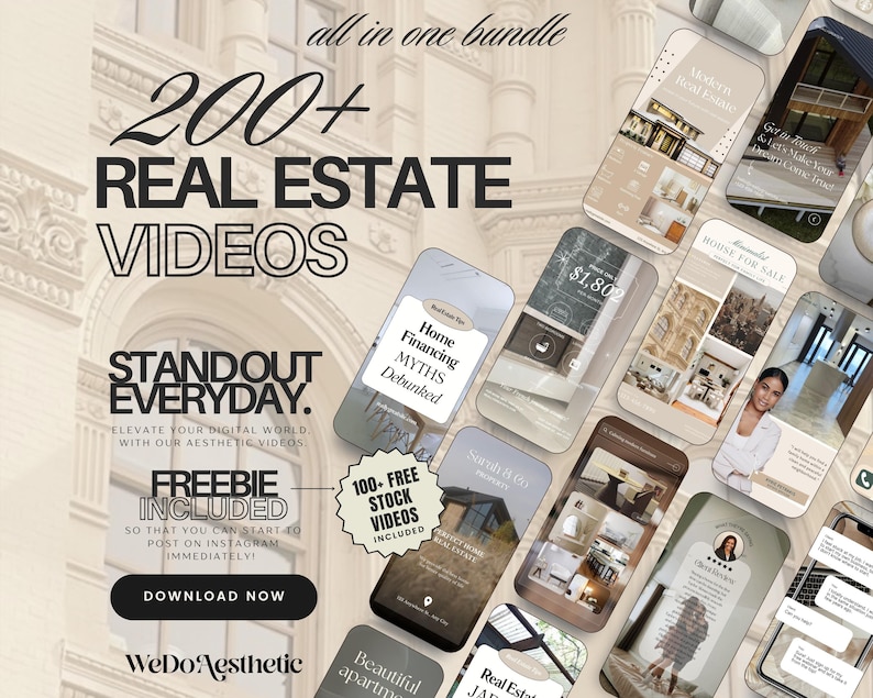 May include: A collage of images promoting a bundle of 200+ real estate videos. The text "Standout Everyday" is featured in a large font. The text "200+ Real Estate Videos" is featured in a large font. The text "Freebie Included" is featured in a large font. The text "100-Free Stock Videos Included" is featured in a large font. The text "WeDoAesthetic" is featured in a large font.