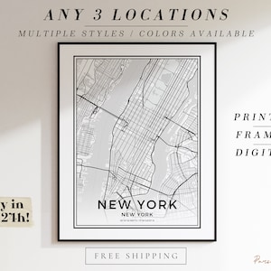 Impressão de mapa personalizado impresso e emoldurado, conjunto de três, impressões de mapas, locais personalizados, presente de aniversário, mapa personalizado, mapa da cidade natal, mapa da cidade