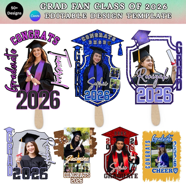 50+ Grad Fan Canva Editable Template, Class of 2026 Graduation Paddle ...