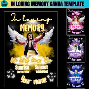 May include: A customizable memorial template with a black background and a yellow, purple, and blue design. The template features a photo of a person with angel wings, the text "In loving memory", "We will miss you", "Sunrise", "Sunset", and "Your name".
