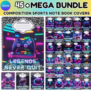 Könnte beinhalten: Ein Bundle von Notizbuch-Covern mit Sport- und Gaming-Themen. Die Cover zeigen eine Vielzahl von Designs, darunter Fußbälle, Fußbälle und Gamecontroller. Der Text enthält "Legends Never Quit", "Team Spirit" und "Stay Hungry".